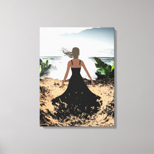 Wrapped in the wind - Elegant Woman in Black Dress Canvas Print