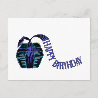 Wrapped present with ribbon saying happy birthday postcard