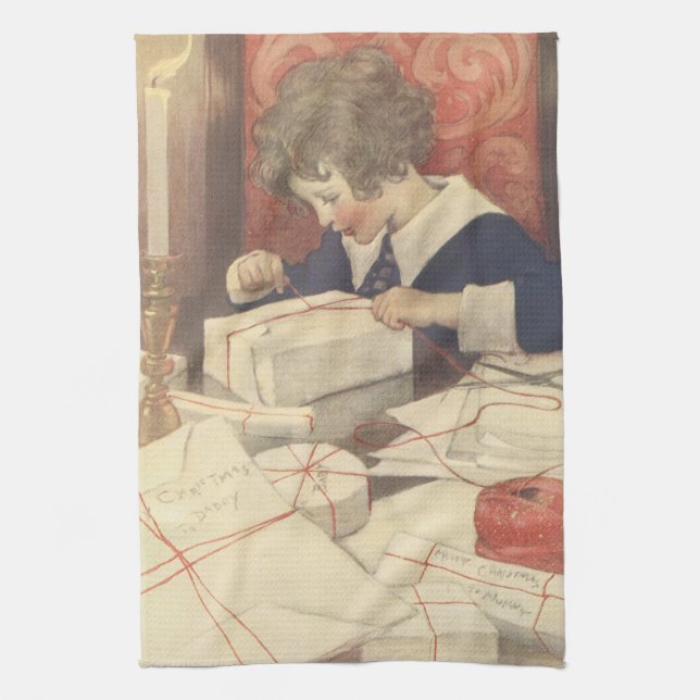 Wrapping Christmas Presents, Jessie Willcox Smith Tea Towel (Vertical)