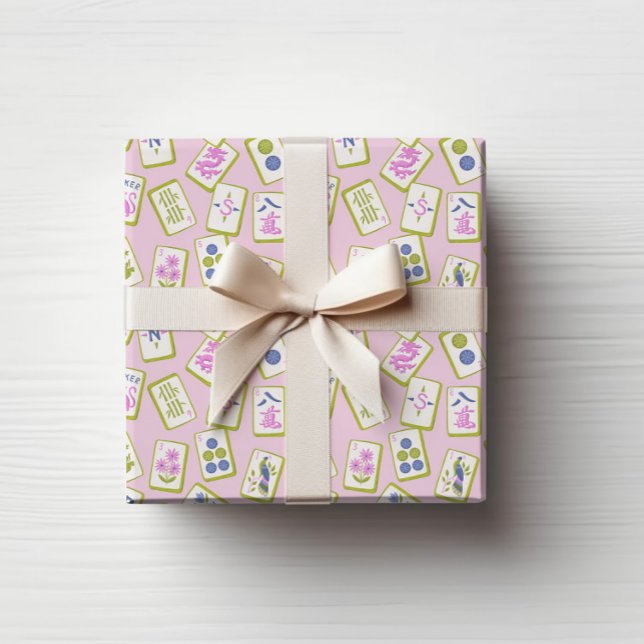 Wrapping Paper (Preppy hand drawn Mahjong Tiles tossed on a pastel pink background.)