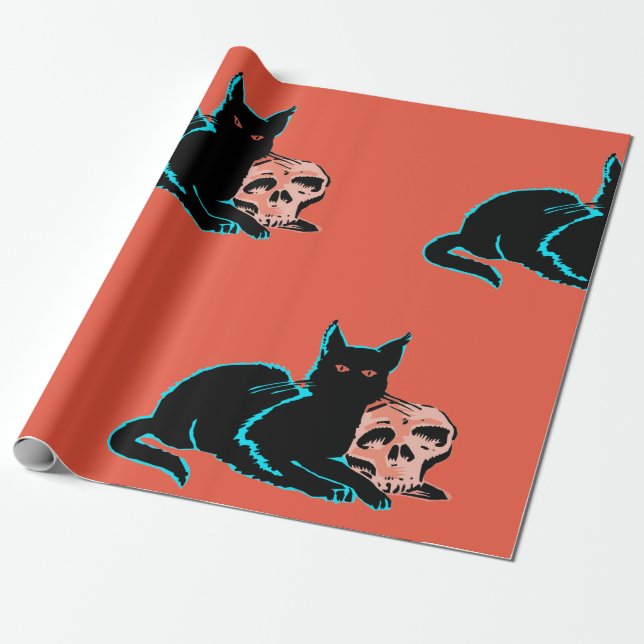 Wrapping Paper ANIMATED BLACK CAT WITH SKULL (Unrolled)