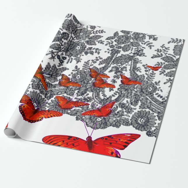 WRAPPING PAPER BLACK AND WHITE RED BUTTERFLIES (Unrolled)