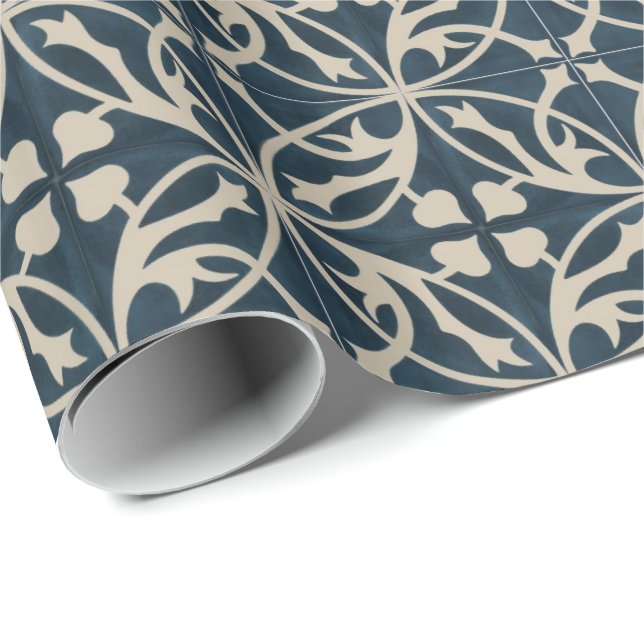 Wrapping Paper - Blue and Ivory Tile Pattern (Roll Corner)