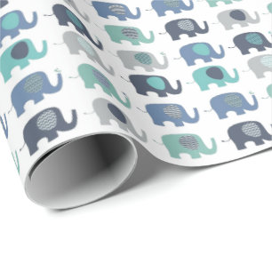 Wrapping Paper - Blue, Green & Grey Elephants