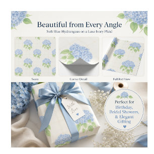 Wrapping Paper Blue Hydrangea Luxe Ivory Plaid