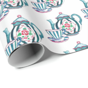Wrapping Paper - Blue Striped Teapot, Cup & Saucer