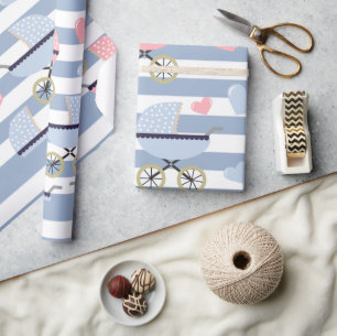 Wrapping Paper Blue & White Stripe Strollers