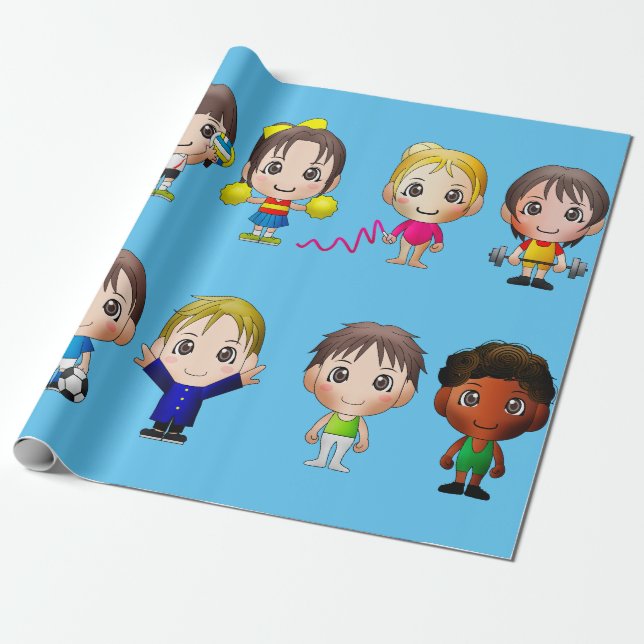 wrapping paper cartoon sports characters. (Unrolled)
