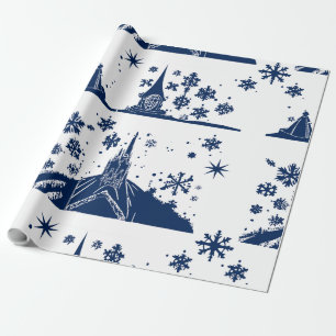 Wrapping Paper Christmas Castle Blue on White