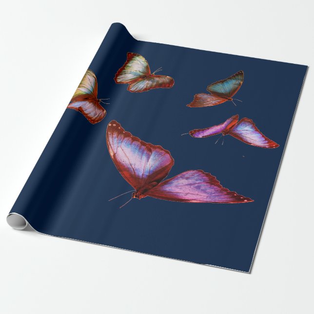 Wrapping Paper DARK BLUE WITH PINK BUTTERFLIES (Unrolled)