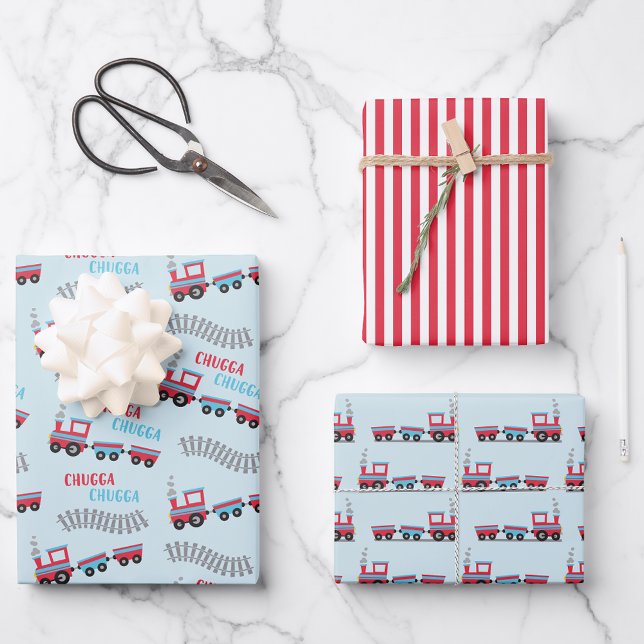 Wrapping Paper Flat Sheet Set of 3 (Chugga Chugga Choo Choo Train Wrapping Paper Set
)