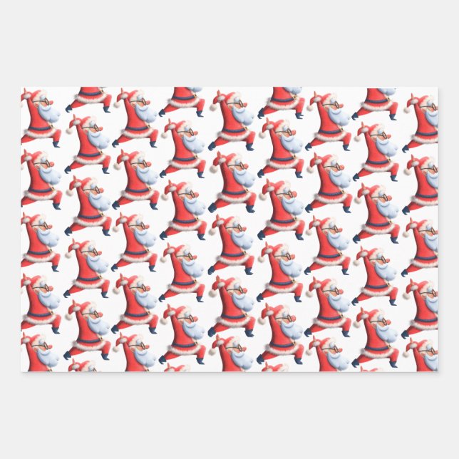 Wrapping Paper Flat Sheet Set of 3 Dancing Santa (Front)