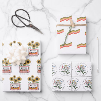 Wrapping Paper Flat Sheet Set of 3, Retro Flowers 