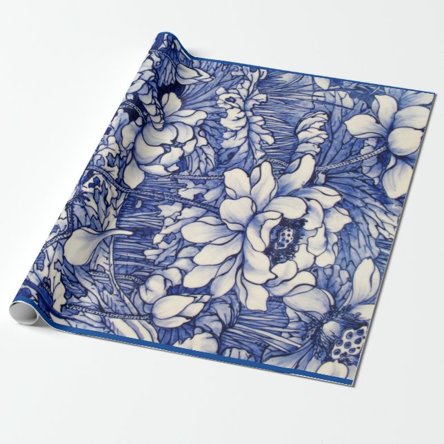 Wrapping Paper JAPANESE FLORAL PRINT IN BLUE (Unrolled)