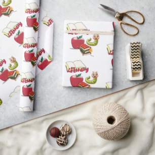 Wrapping Paper Librarian Book Worm Apple