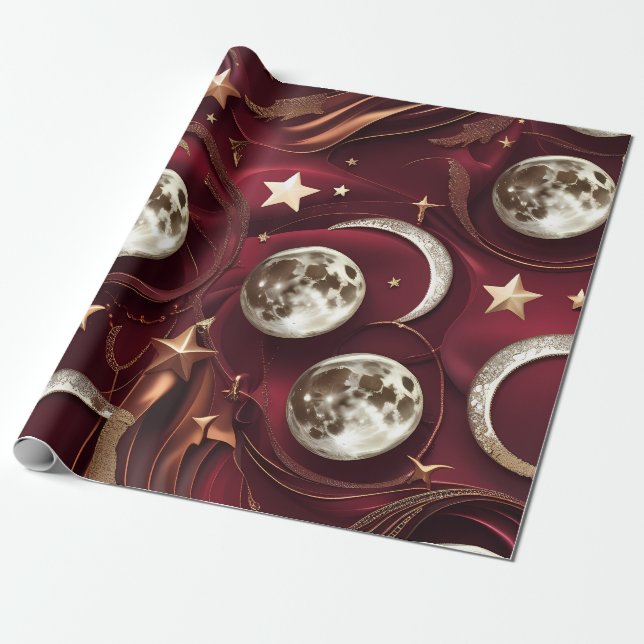 Wrapping Paper – Luxury Garnet Red Celestial Moon  (Unrolled)