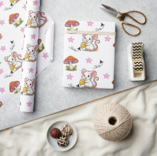 Wrapping Paper Mouse Cheese Pink Hearts Mushroom