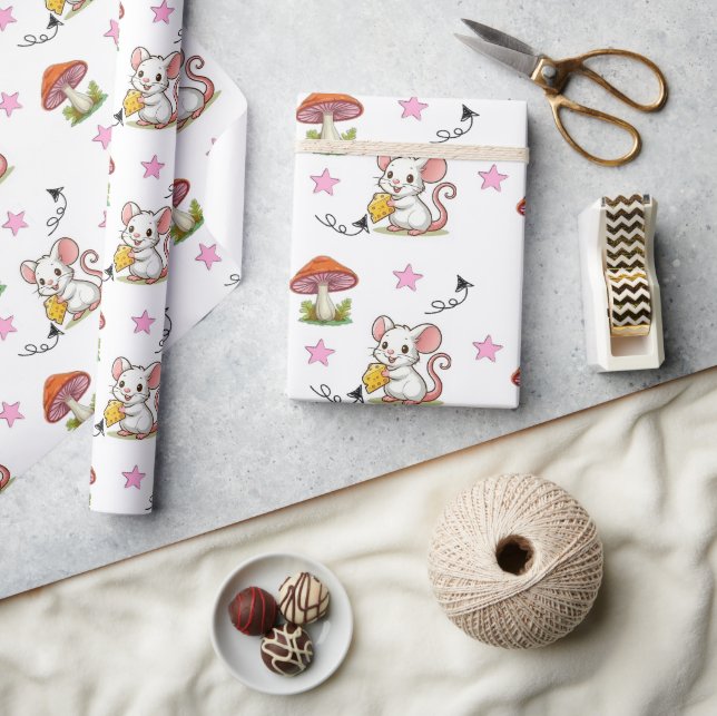 Wrapping Paper Mouse Cheese Pink Hearts Mushroom  (Crafts)
