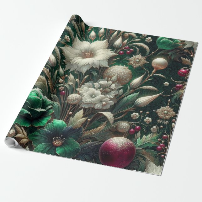 Wrapping Paper - Pink and Green Christmas Floral (Unrolled)