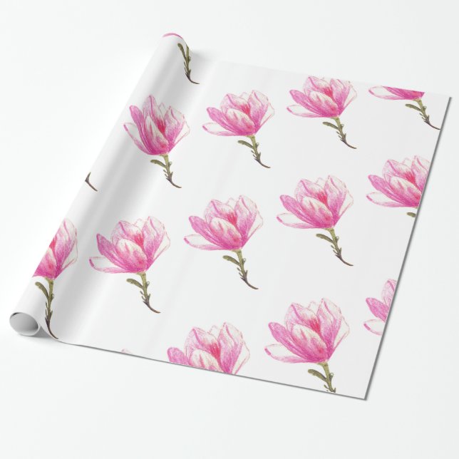 Wrapping Paper, Pink Flower Drawing Wrapping Paper (Unrolled)