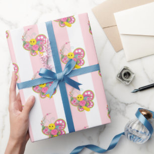 Wrapping Paper Pink & White Stripe Butterfly 