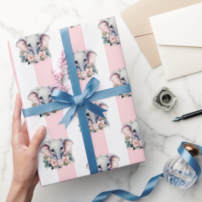 Wrapping Paper Pink & White Stripe Elephant  (Gifting)