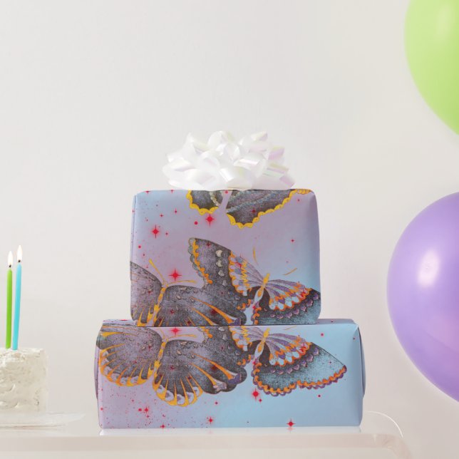 Wrapping Paper RED STARS AND JAPANESE BUTTERFLIES (Party Gifts)
