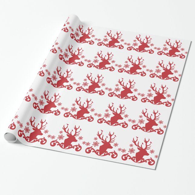 Wrapping paper roll with red Christmas deer design (Unrolled)