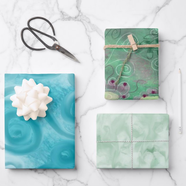 Wrapping Paper Sheet Set 3pc Abstract Blue Green (Front)