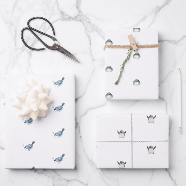 Wrapping Paper Sheets - Winter Bird Patterns (Front)