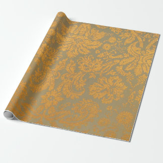 Wrapping Paper Vintage Orange Gold Damask Pattern 