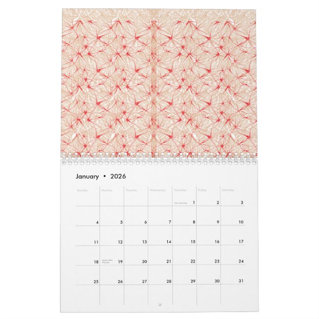 Wrapping paper with a repeating pattern of red, or calendar (Jan 2026)