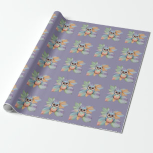 Wrapping Paper With Baby Owl & Leaf Design