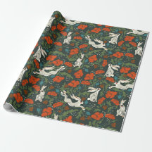 Wrapping paper with hares in poppies garden patter