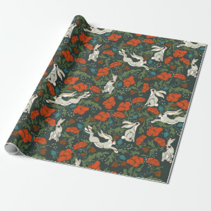 Wrapping paper with hares in poppies garden patter