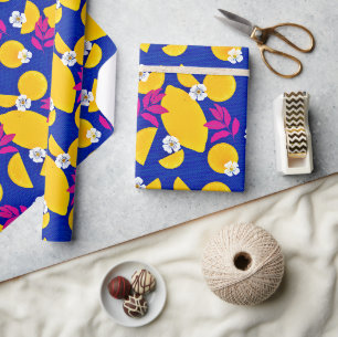Wrapping paper with Zesty lemons and Pink Leaves