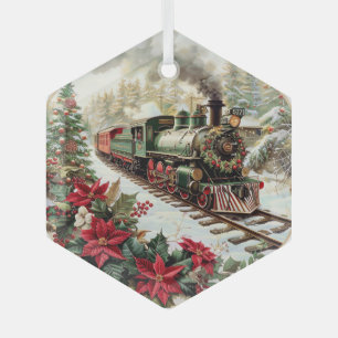 Wreath-Adorned Steam Train Glass Tree Decoration