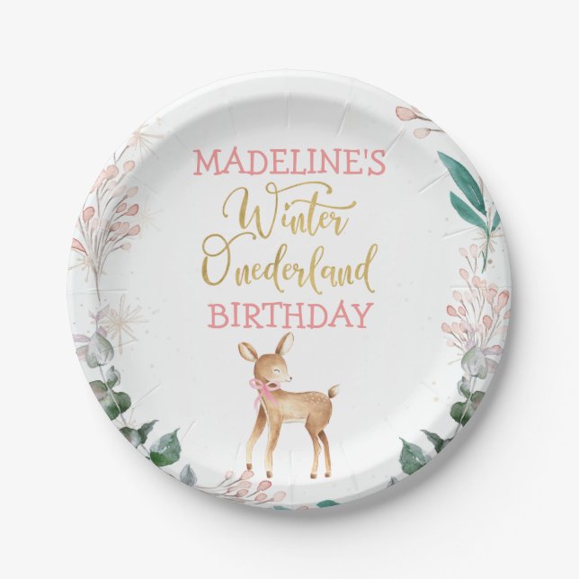 Wreath And Deer Winter Onederland Birthday Paper Plate (Front)