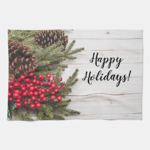 Wreath and Holly Holiday Collection Tea Towel