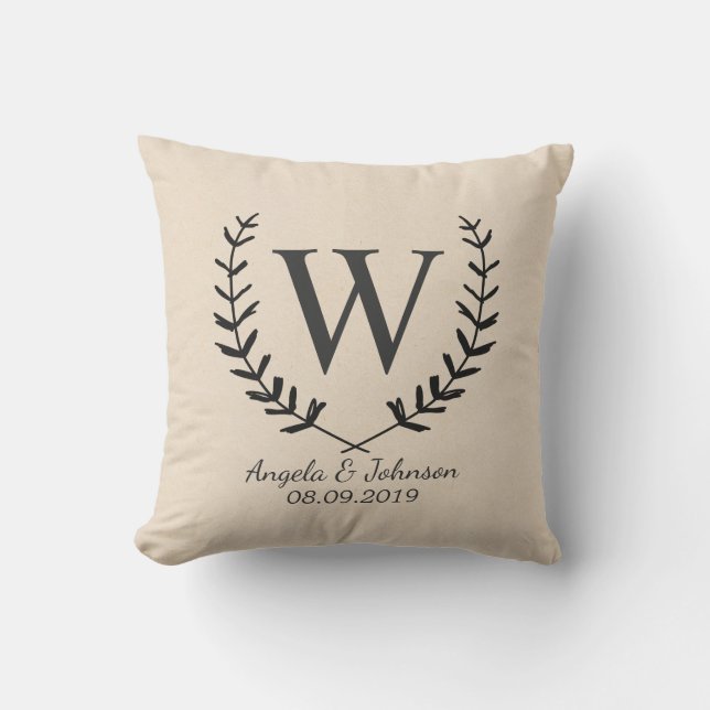 Wreath and Monogrammed Cotton Fabric Textured Outdoor Cushion (Front)