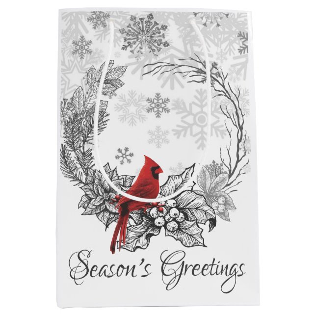 Wreath and Red Bird Season's Greetings Holiday Medium Gift Bag (Front)