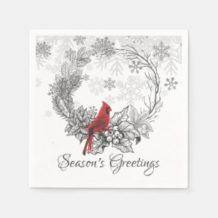 Wreath and Red Bird Season's Greetings Holiday Napkin