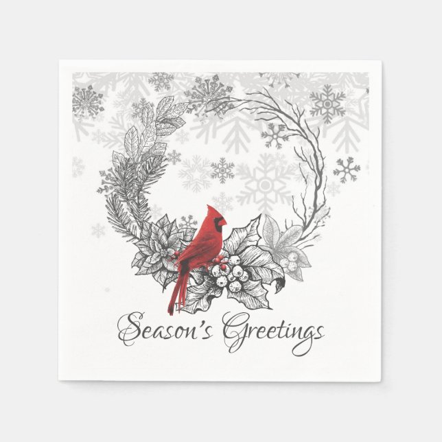 Wreath and Red Bird Season's Greetings Holiday Napkin (Front)