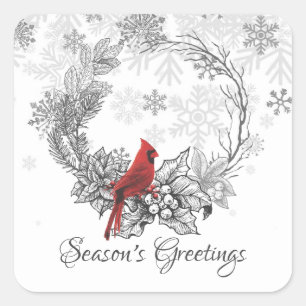 Wreath and Red Bird Season's Greetings Holiday Square Sticker