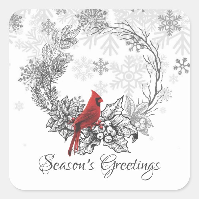 Wreath and Red Bird Season's Greetings Holiday Square Sticker (Front)