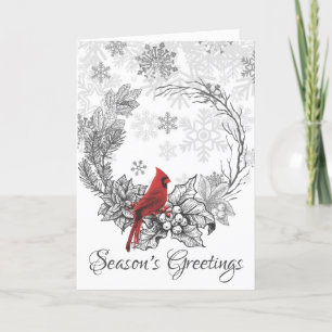 Wreath and Red Bird Season's Greetings Winter Holiday Card
