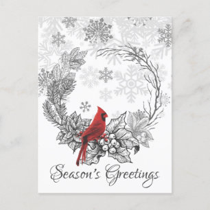 Wreath and Red Bird Season's Greetings Winter Holiday Postcard