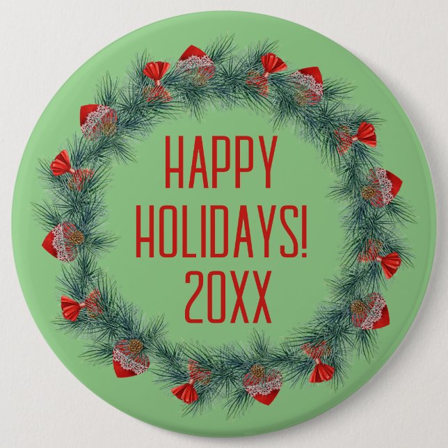 Wreath and Ribbons Holiday Button (Front)