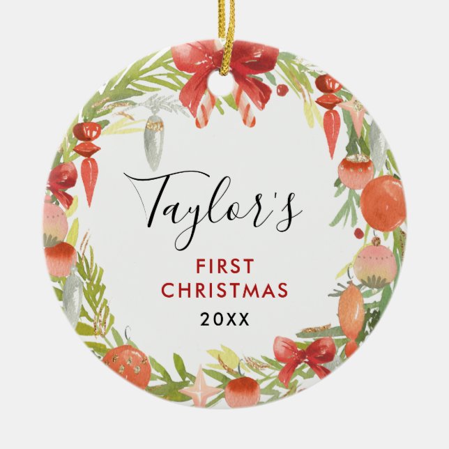 Wreath Baby's 1st Christmas | Cute Baby Photo Ceramic Tree Decoration (Front)