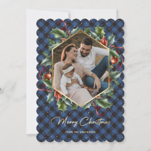 Wreath Blue Buffalo Plaid Photo Christmas Cards